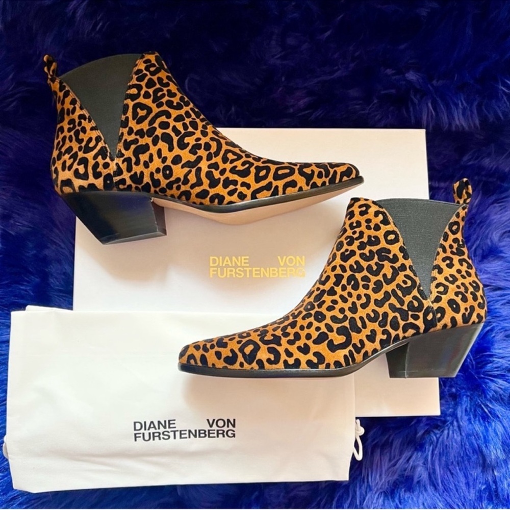 New! DIANE VON FURSTENBERG Nadie Leopard-Print Suede Chelsea Ankle Booties